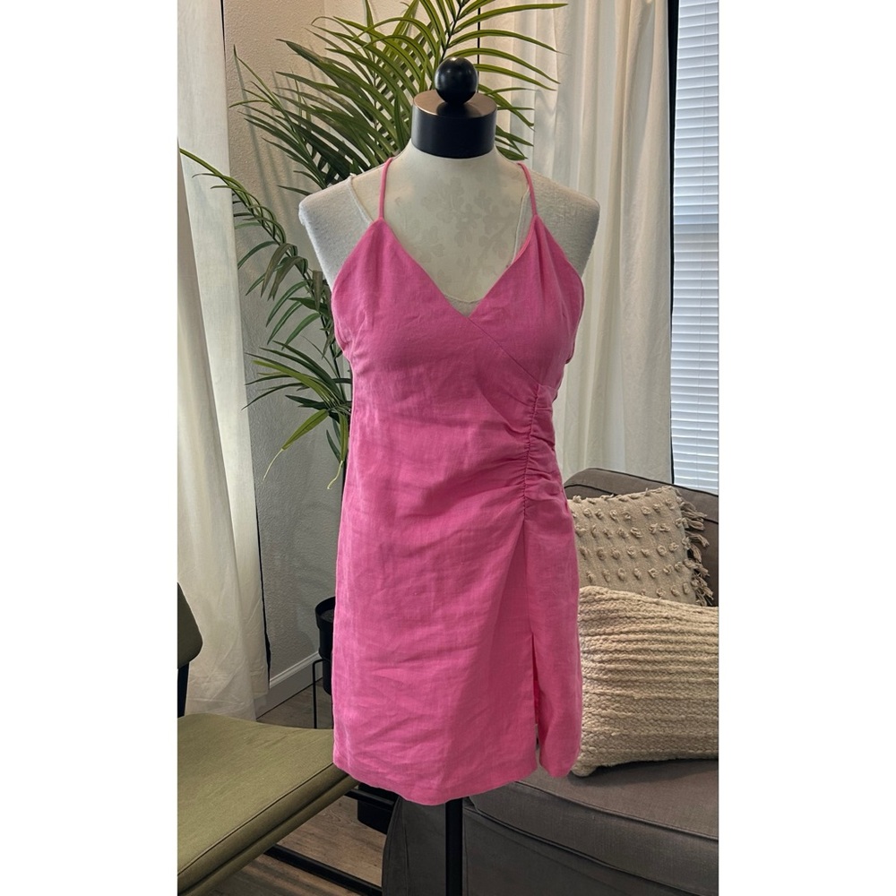 CALLIPYGIAN Linen Mini Dress Size 4 Pink Sweetheart Neckline Slit Crisscross